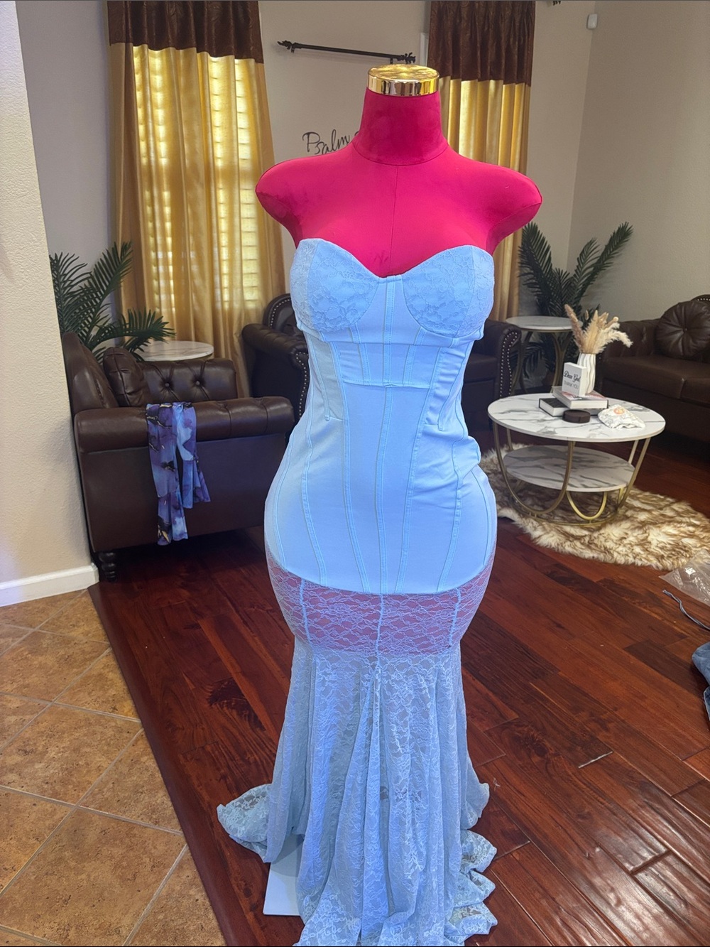 Strapless Light Blue Lace Mermaid Evening Dress